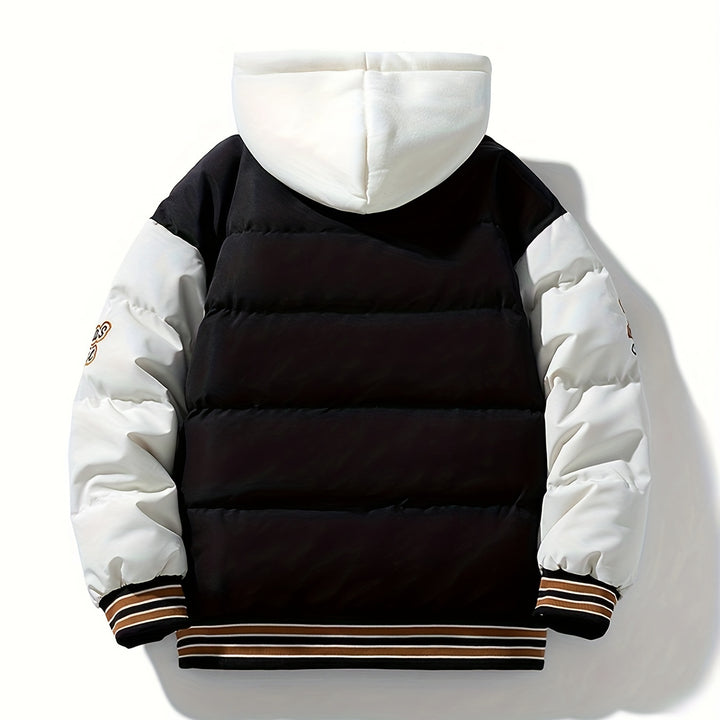 Jaqueta Varsity com Capuz Estilo Preppy Masculina - Puffer Casual Color Block com Patches Bordados