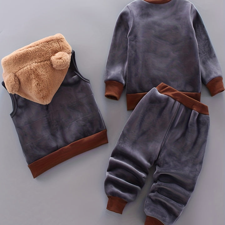 Conjunto de exterior de 3 peças para rapazes, com padrão de urso fofo na cara