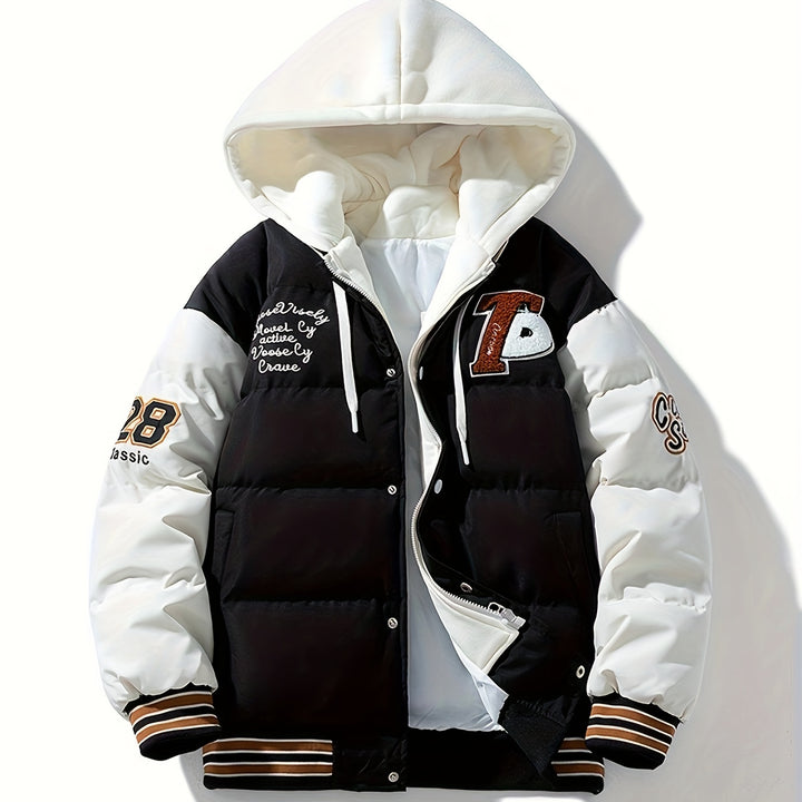 Jaqueta Varsity com Capuz Estilo Preppy Masculina - Puffer Casual Color Block com Patches Bordados