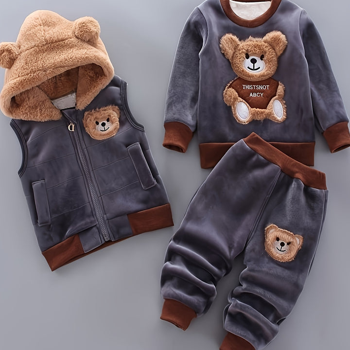 Conjunto de exterior de 3 peças para rapazes, com padrão de urso fofo na cara